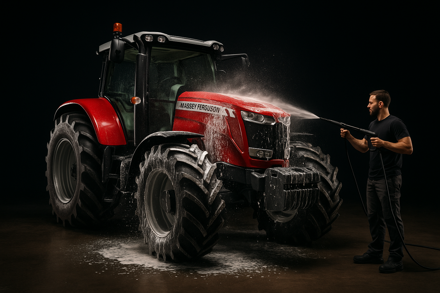 Massey-Ferguson traktori pestään painepesurilla studiossa