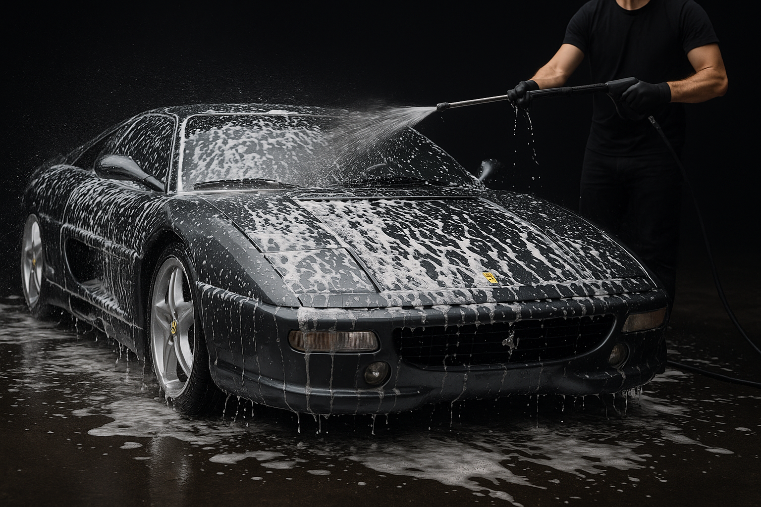 Mies pesee grafiitin harmaata Ferrari F355:tä vaahdolla